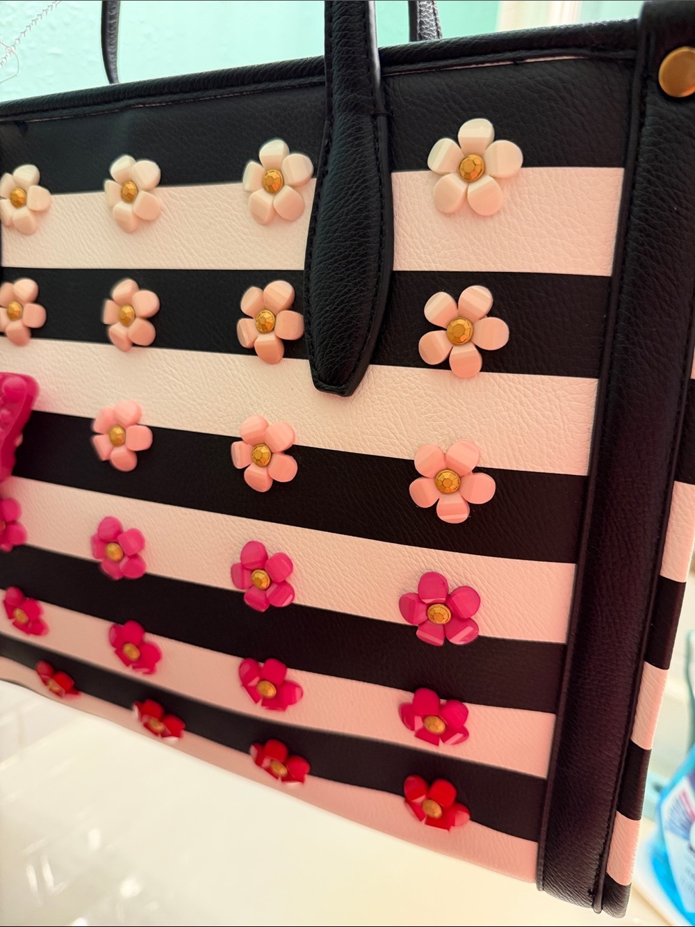 Betsey Johnson Black & White Striped Tote with Pink Butterfly Charm - Picture 5 of 11
